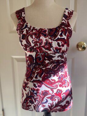 ANN TAYLOR red navy white paisley sleeveless blouse, size S